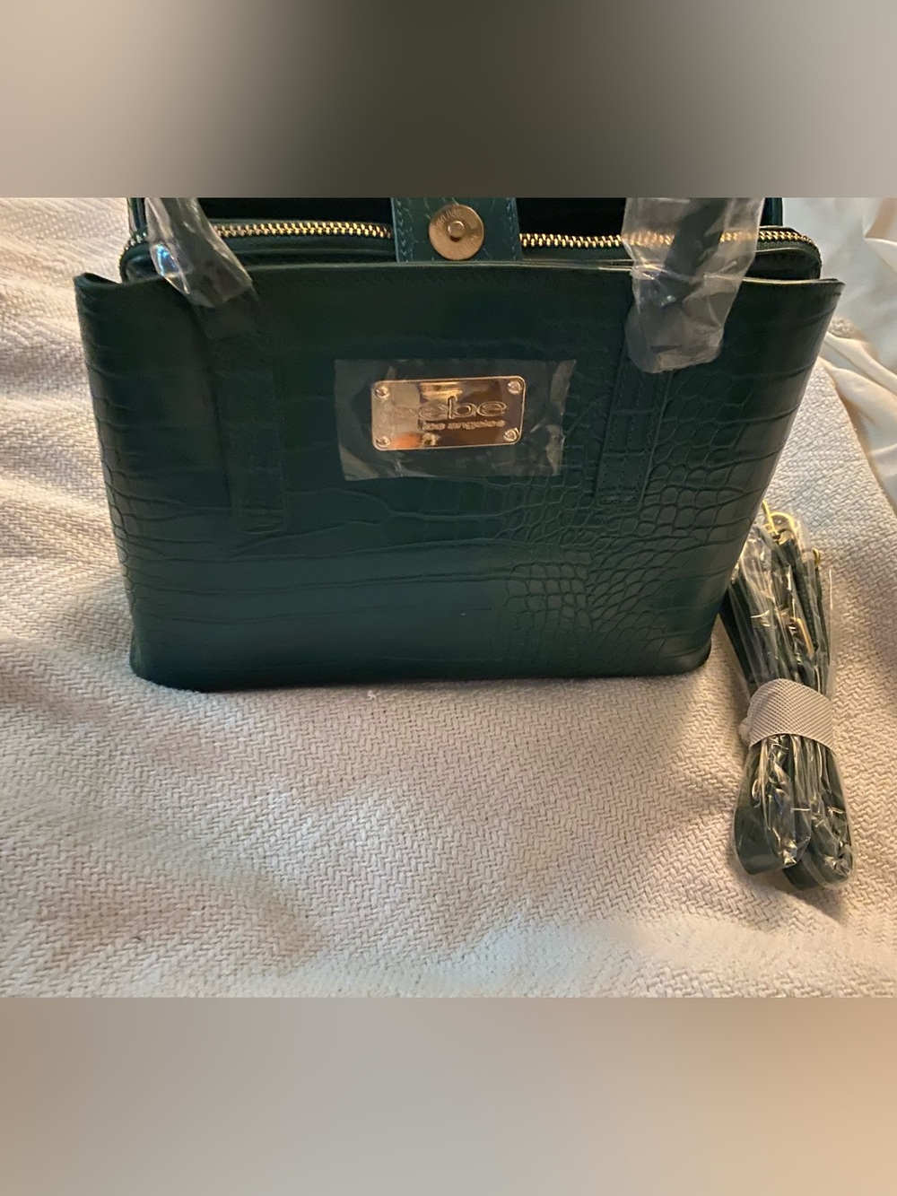bebe Croc-Embossed Green with a detachable crossbody strap with Gold Accents